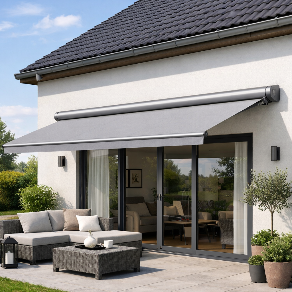 Store de terrasse avec coffre alu, manœuvre par manivelle